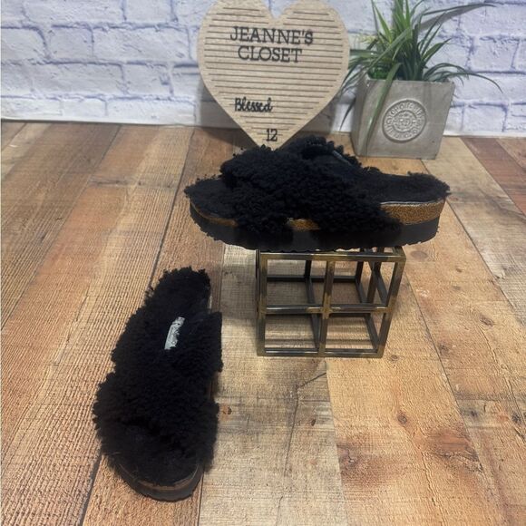 BIRKENSTOCK Papillio Daytona Shearling Slide Sandals Black 40 / 9 US - Picture 1 of 14